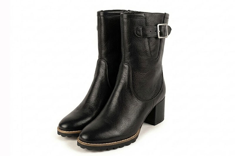 Classic leather ankle boots featuring adjustable side buckles and sleek hardware for secure support and timeless everyday style, in black leather with round toe and mid block heel